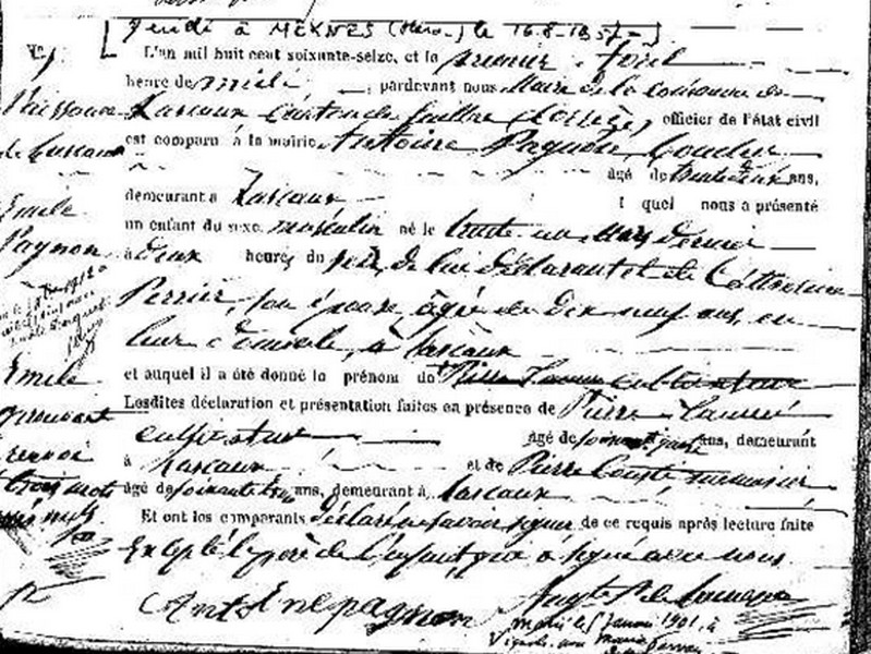 Acte naissance Pagnon Emile Lascaux enregistré le 1er avril 1876.jpg