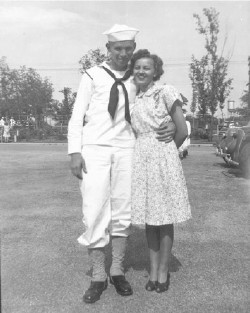 Zimm1_BootCampJerry Zimmerman and future bride Dolores at the Great Lakes Recruit Training Center in 1946.jpg