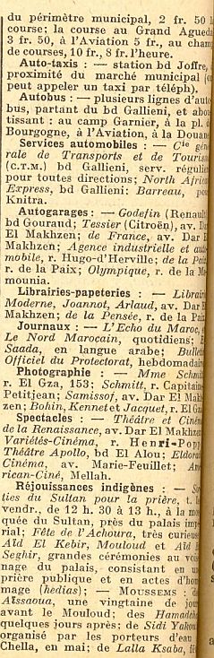 Autobus, autograges, taxis et, a Rabat liste Guides Bleus 1930.jpg