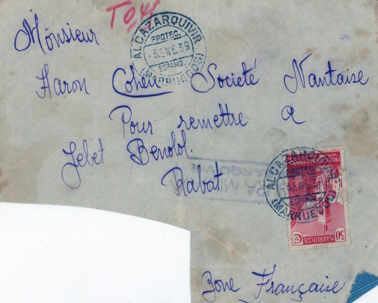 enveloppe d\'Acazarquivir  maroc espagnol adressee a mon pere a remettre a Jebert Benolol, Nov.1939.jpg